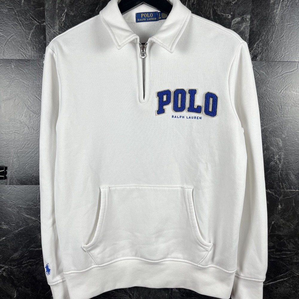 Polo Ralph Lauren Men's White Spell Logo Fleece Quarter Sweatshirt Small